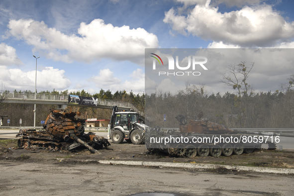 Destroyed Russian military machinery on the highway Kyiv-Zhytomyr,  close to Kyiv, Ukraine, Monday, April 11, 2022 
