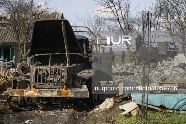 Destroyed Russian military machinery in the recaptured by the Ukrainian army Andriyivka village,  close to Kyiv, Ukraine, Monday, April 11,...