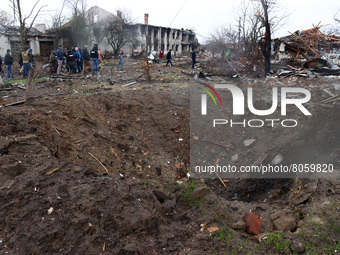 NOVOSELIVKA, UKRAINE - APRIL 9, 2022 - The crater from a bomb is pictured after the liberation of a town from Russian invaders, Novoselivka...