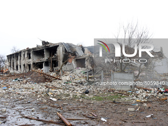 NOVOSELIVKA, UKRAINE - APRIL 9, 2022 - A building shows damage caused by the shelling of Russian invaders, Novoselivka urban-type settlement...