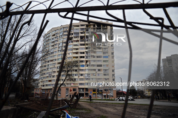 CHERNIHIV, UKRAINE - APRIL 11, 2022 - A building shows damage caused by Russian invaders in liberated Chernihiv, northern Ukraine.  