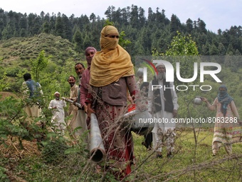 Women with pitcher pots holds a water pipe which the department left without connecting it with the main water pipes in Binner Baramulla, Ja...