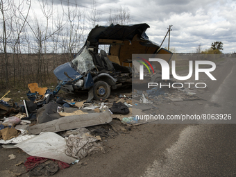 Destroyed car on the road near the village of Andriyivka Kyiv region, on April 12, 2022. 
About a month later, the village was occupied by R...