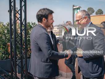 Edoardo Leo, and the Mayor of Rome Roberto Gualtieri attend the photocall of the movie ''Power of Rome'' at the Hotel de la Ville  on April...