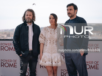 Giovanni Troilo (L), Edoardo Leo, and Giorgia Spinelli attend the photocall of the movie ''Power of Rome'' at the Hotel de la Ville  on Apri...