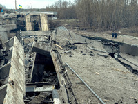 KYIV REGION, UKRAINE - APRIL 12, 2022 - Bridge destroyed by the russian troops on March 31 during their retreat, Ivankiv village, Kyiv Regio...