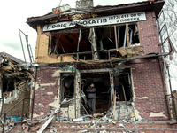 KYIV REGION, UKRAINE - APRIL 12, 2022 - A building destroyed by the russian army shelling in Borodyanka town, Kyiv Region, north-central Ukr...
