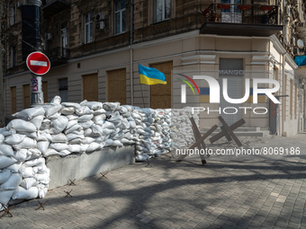 Barricades made of cement blocks, iron structures and sand bags, are seen in the streets of the center in Odessa, Ukraine. (