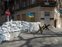 Barricades made of cement blocks, iron structures and sand bags, are seen in the streets of the center in Odessa, Ukraine. (