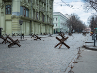 Iron structures are seen placed on the streets of the center in Odessa, Ukraine. (