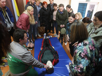 Workers of Odesa's Emergency Medical Center conducts for locals first aid training in stopping bleeding, counteracting chemical threats, bur...