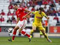 Benfica's defender Jardel Vieira (L) vies for the ball with Pacos Ferreira's player Joao Silva (R)   during the Portuguese League  football...