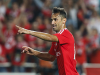 Benfica's forward Jonas celebrates his second goal  during the Portuguese League  football match between SL Benfica and FC Pacos de Ferreira...