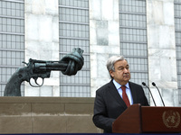 UN Secretary General Antonio Guterres speaks to the press about the current situation in Ukraine at the United Nations Headquarters on April...