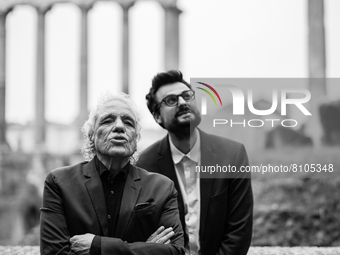 ROME, ITALY - APRIL 19:  (EDITORS NOTE: The image was converted to black and white.) Director Abel Ferrara and poet Gabriele Tinti attend th...