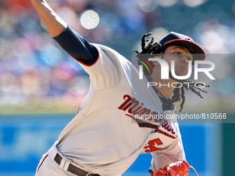 Minnesota Twins starting pitcher Ervin Santana pitches the third inning of a baseball game against the Detroit Tigers in Detroit, Michigan U...