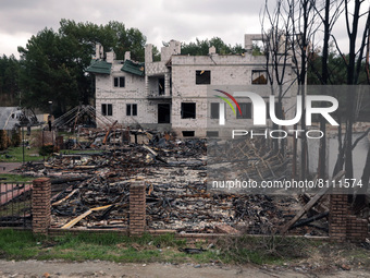 UKRAINE - APRIL 21, 2022 - A building destroyed by Russian troops is pictured near the Chernihiv highway, northern Ukraine.  (