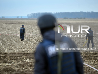 KYIV REGION, UKRAINE - APRIL 21, 2022 - EOD experts of the State Emergency Service scan the ground during a mine clearance mission near Berv...