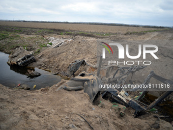 KYIV REGION, UKRAINE - APRIL 21, 2022 - The remains of vehicles are pictured near Bervytsia, a village liberated from Russian occupiers, Kyi...