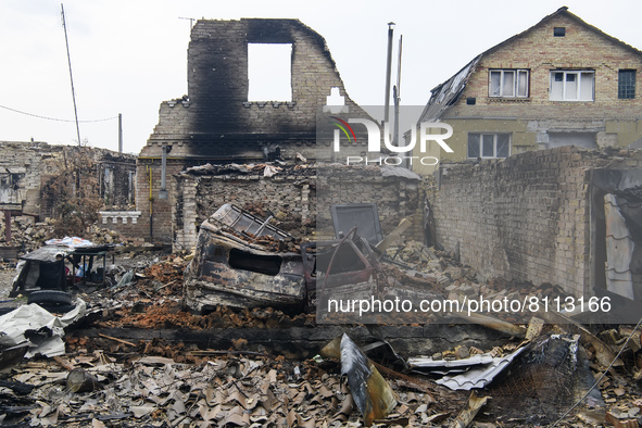 Residental house with garage destroyed during Russia's invasion of Ukraine, in Moshchun, Ukraine April 22, 2022 