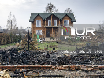 Residental house with garage destroyed during Russia's invasion of Ukraine, in Moshchun, Ukraine April 22, 2022 (