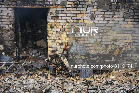 Residental house with garage destroyed during Russia's invasion of Ukraine, in Moshchun, Ukraine April 22, 2022 