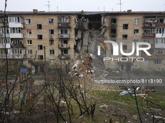 Residential building destroyed during Russia's invasion of Ukraine in Hostomel, Ukraine April 22, 2022. (