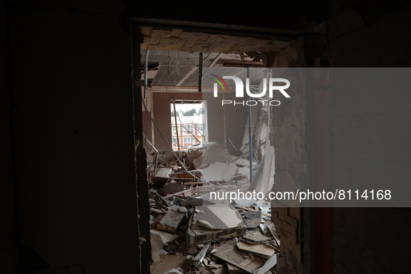 IRPIN, UKRAINE - APRIL 20, 2022 - An apartment shows damage in a residential building hit by a Russian shell in Irpin that was liberated fro...