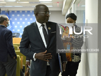 The President of the Economic and Social Council, Collen Vixen Kelapile leaves following his address to the media at the United Nations Head...