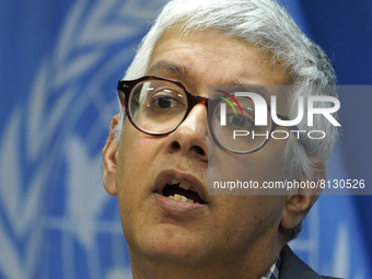 Farhan Faq a spokesperson for the Secretary General and the President of the General Assembly addresses the media at the United Nations Head...