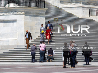 U.S. Representative Marjorie Taylor Greene (R-GA) walks to a press conference outside of the U.S. Capitol on April 28, 2022, speaking about...