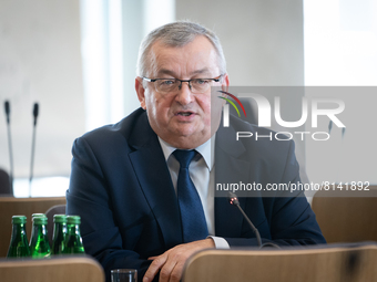 Andrzej Adamczyk (Minister of Infrastructure) during the parliamentary commission for air transport, in Warsaw, Poland on April 28, 2022. Ai...