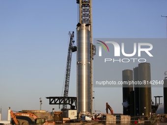 A Super Heavy Booster prototype sits at the South Texas launch site in Boca Chica near Brownsville, Texas as SpaceX awaits the outcome of an...