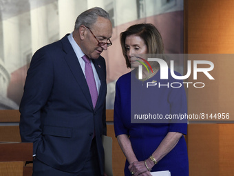 House Speaker Nancy Pelosi(D-CA) and Senate Majority Leader Chuck Schumer(D-NY) talk to each other during a press conference, today on April...
