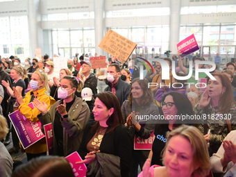 Hundreds gather for a Democrats Defends Choice Rally to protest the recently leaked Supreme Court opinion indication to limit Womens rights,...