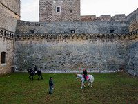 Appearing on the horse before the departure of the Historical Parade of San Nicola in Bari at the Swabian Castle on 7 May 2022.
The three d...