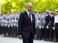 German Chancellor Olaf Scholz is pictured before the arrival of French President Emmanuel Macron at the Chancellery in Berlin, Germany on Ma...