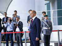 German Chancellor Olaf Scholz awaits for the arrival of French President Emmanuel Macron at the Chancellery in Berlin, Germany on May 9, 202...