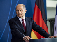 German Chancellor Olaf Scholz is pictured during a press conference at the Chancellery in Berlin, Germany on May 9, 2022. (
