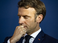 French President Emmanuel Macron is pictured during a press conference at the Chancellery in Berlin, Germany on May 9, 2022. (