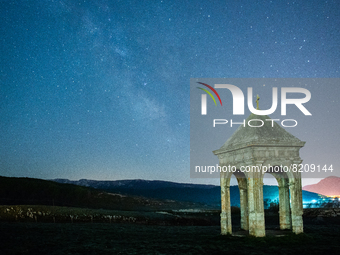 Milky way rises in a starry sky over Palco della Rimembranza in Terranera, L'Aquila, Italy, on may 10, 2022. On Thursday, May 12, there will...