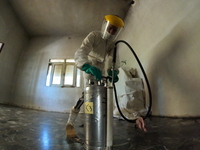 Health workers in the villages of Jindires conduct a campaign to spray pesticides to combat leishmaniasis (Aleppo bean), where the Aleppo mo...