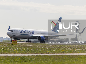 United Airlines Boeing 767-300 aircraft as seen departing from Amsterdam Schiphol Airport AMS EHAM. The wide body commercial airplane jet, i...