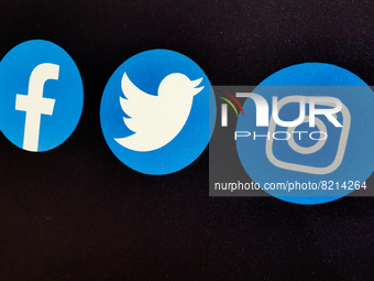 Facebook,Twitter and Instagram logos are seen during EDP conference 'Solutions For Europe' for the 18th anniversary of Poland joining EU. Kr...