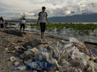 Environmental activists collect plastic waste scattered at a mangrove conservation site on Dupa Beach, Palu City, Central Sulawesi Province,...