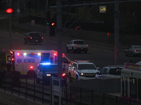 Emergency services vehicles outside LRT Century Park Station in Edmonton South.On Friday, May 12, 2022, in Edmonton, Alberta, Canada. (