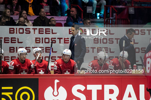 Team Swiss beanch and coaches 
©IIHF2022  during the Ice Hockey World Championship - Switzland vs Italy on May 14, 2022 at the Ice Hall in...