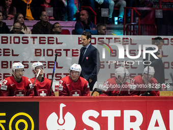 Team Swiss beanch and coaches 
©IIHF2022  during the Ice Hockey World Championship - Switzland vs Italy on May 14, 2022 at the Ice Hall in...