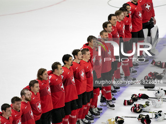 Team Swiss during the Swiss national anthem 
©IIHF2022  during the Ice Hockey World Championship - Switzland vs Italy on May 14, 2022 at th...