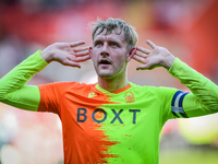 Joe Worrall of Nottingham Forest gestures to the Forest supporters   during the Sky Bet Championship Play-Off Semi-Final 1st leg between Sh...